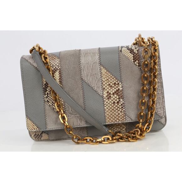 Prada Crocodile Python Suede Leather Exotic Skin Patchwork Flap Shoulder Bag - Picture 10 of 16